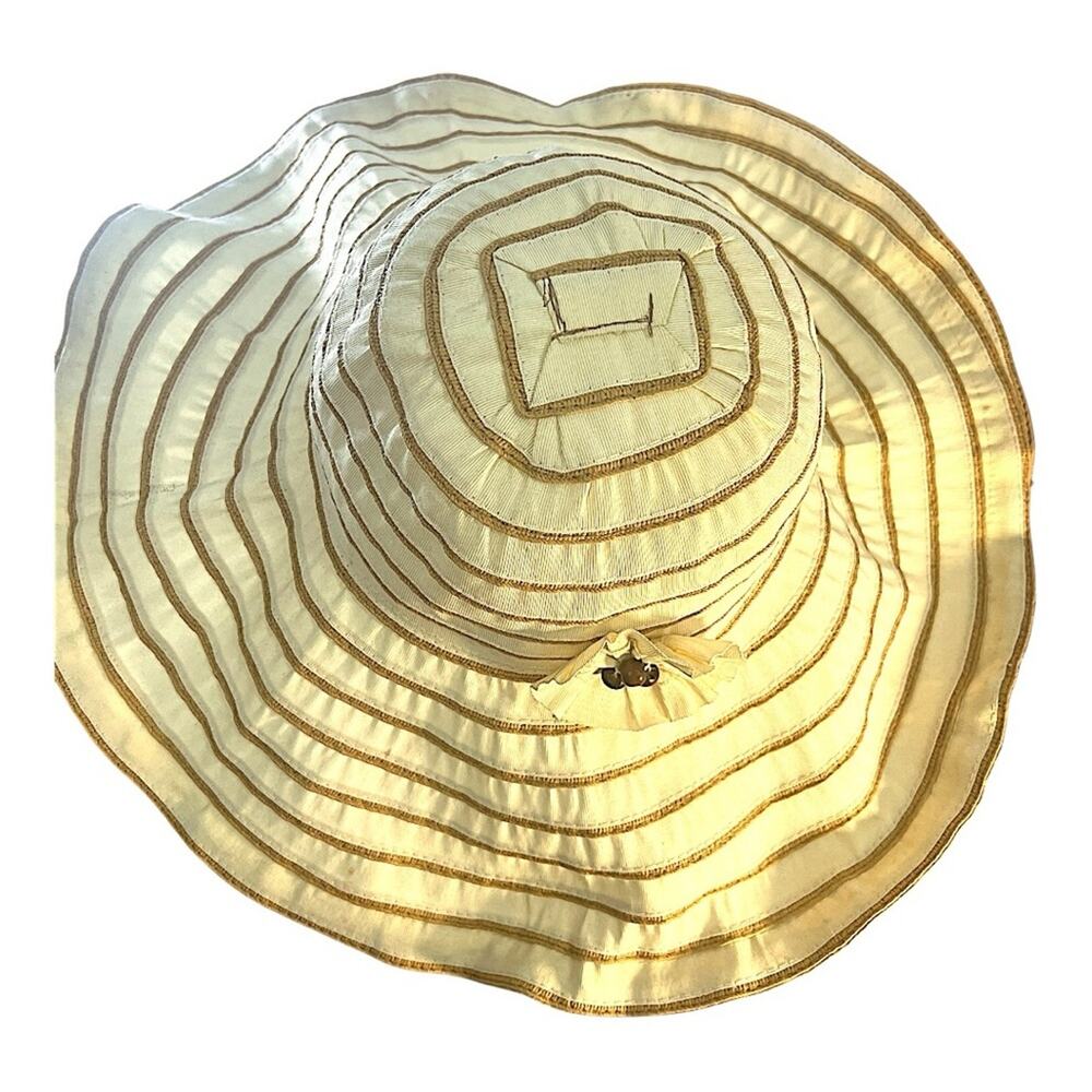 Vintage Fabric Cream and Brown Wide-Brimmed SunHat with wire edges to adjust OS